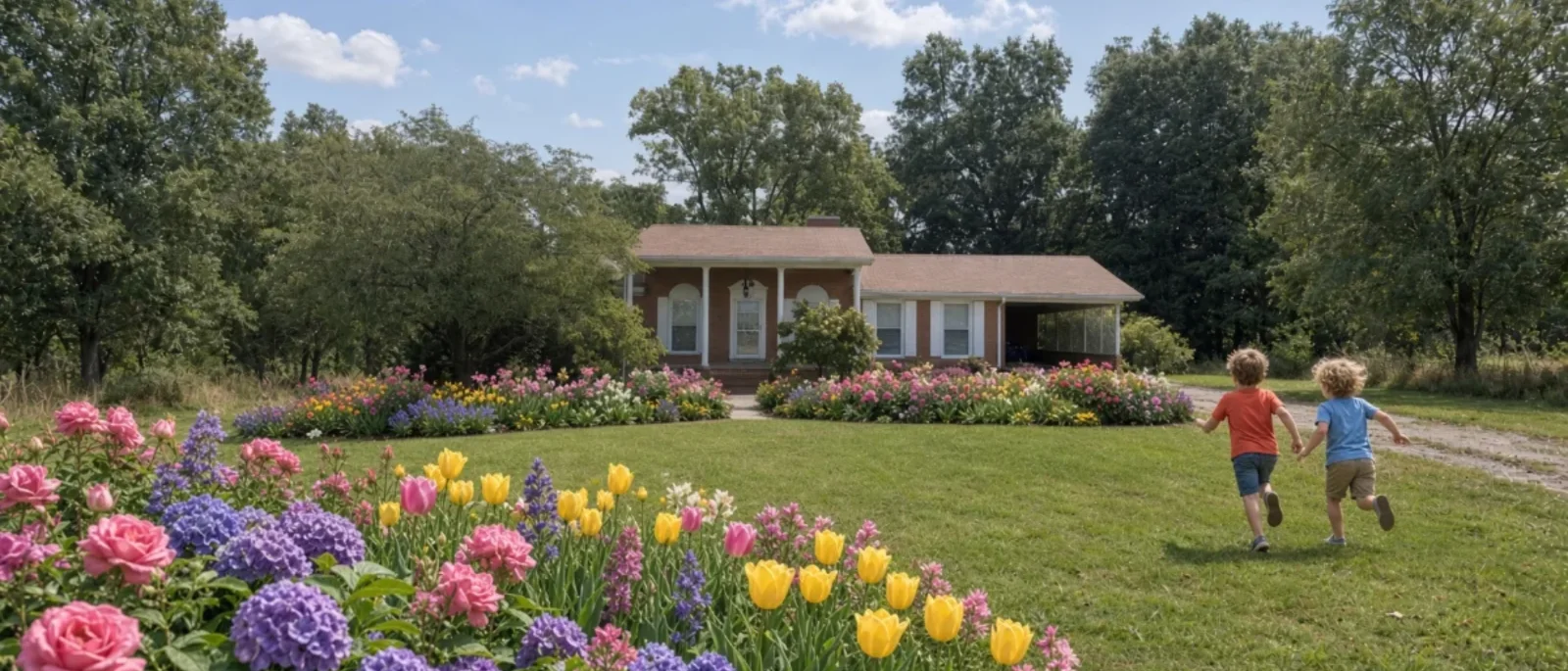 Two children running across the yard of a brick ranch house with flower beds in bloom