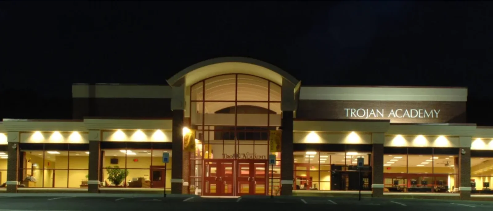 Trojan Academy at Barren County High School, lit at night